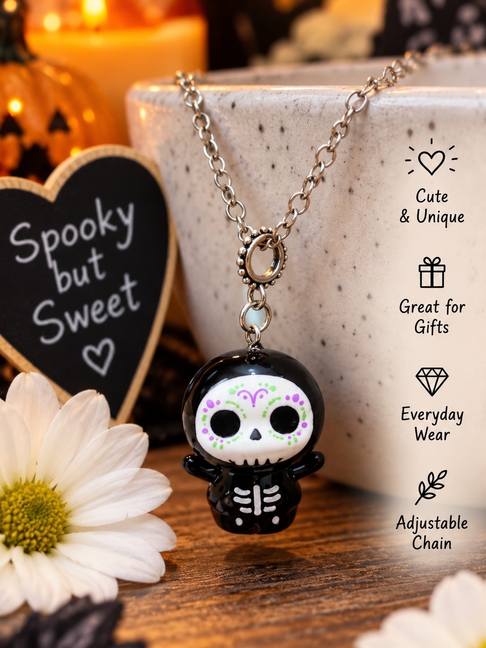 Black Skeleton Sugar Skull Pendant Necklace - Women's Jewelry